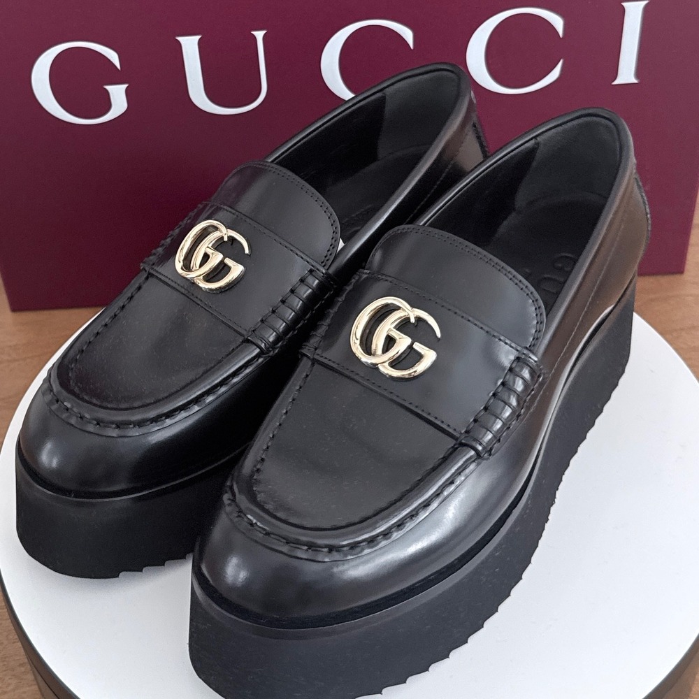Gucci Millennial Ribot Black Leather Platform Loafers Double G 816326 Size 35.5
